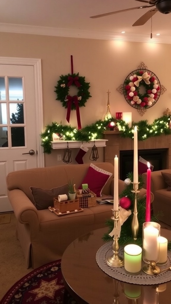 A beautifully decorated living room for Christmas with wreath, garland, and festive table decor.